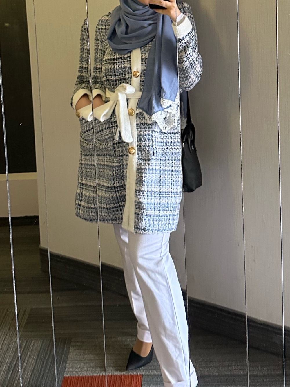 SHEIN Blue White Tweed Midi Dress Coat